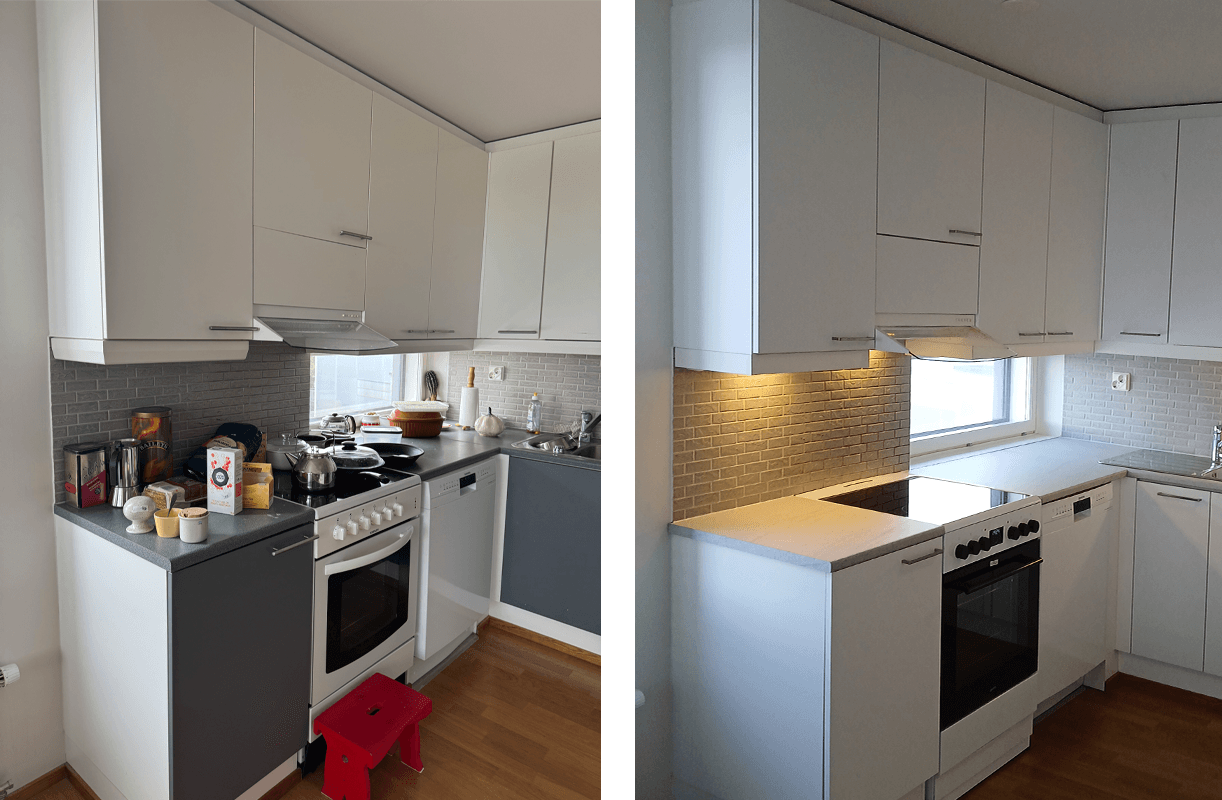 Keittiön muutoskuvat, ennen ja jälkeen ovien vaihdon
