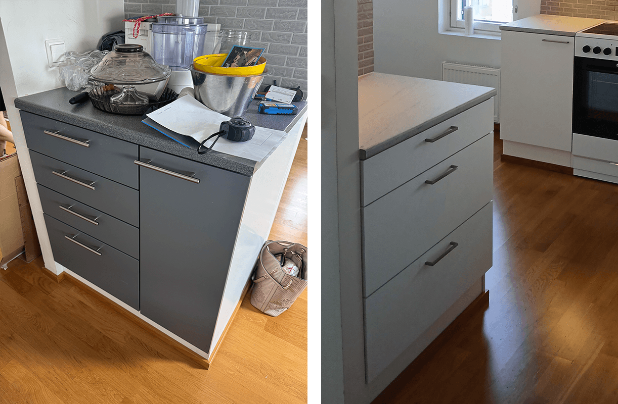 Ennen ja jälkeen kuvassa uusi laatikosto vanhan kaapiston tilalla